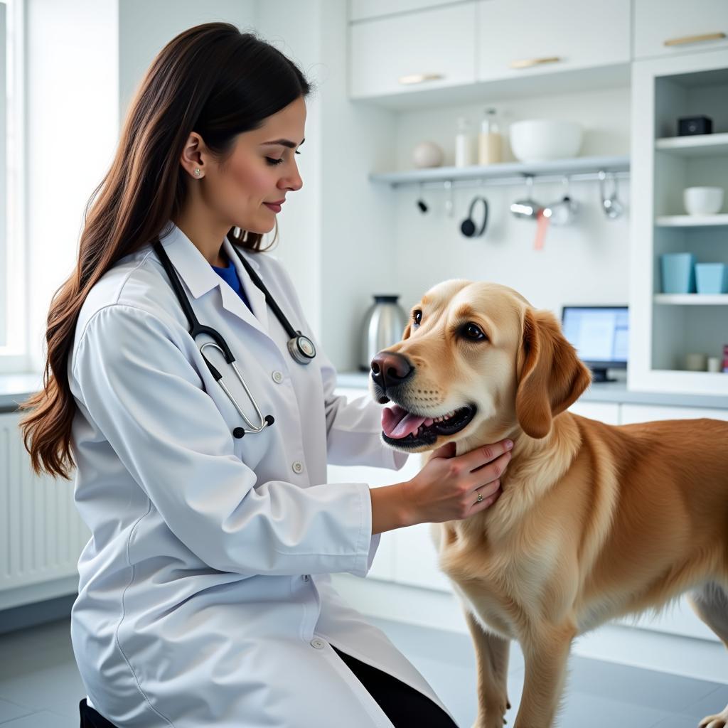 Veterinarian examining a dog in a modern exam room