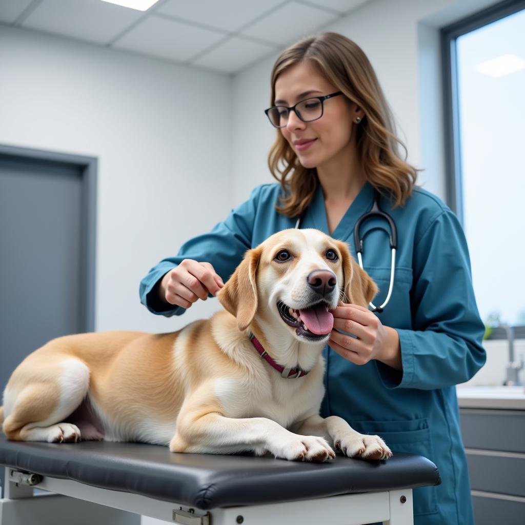 Veterinarian examining a dog in a modern exam room