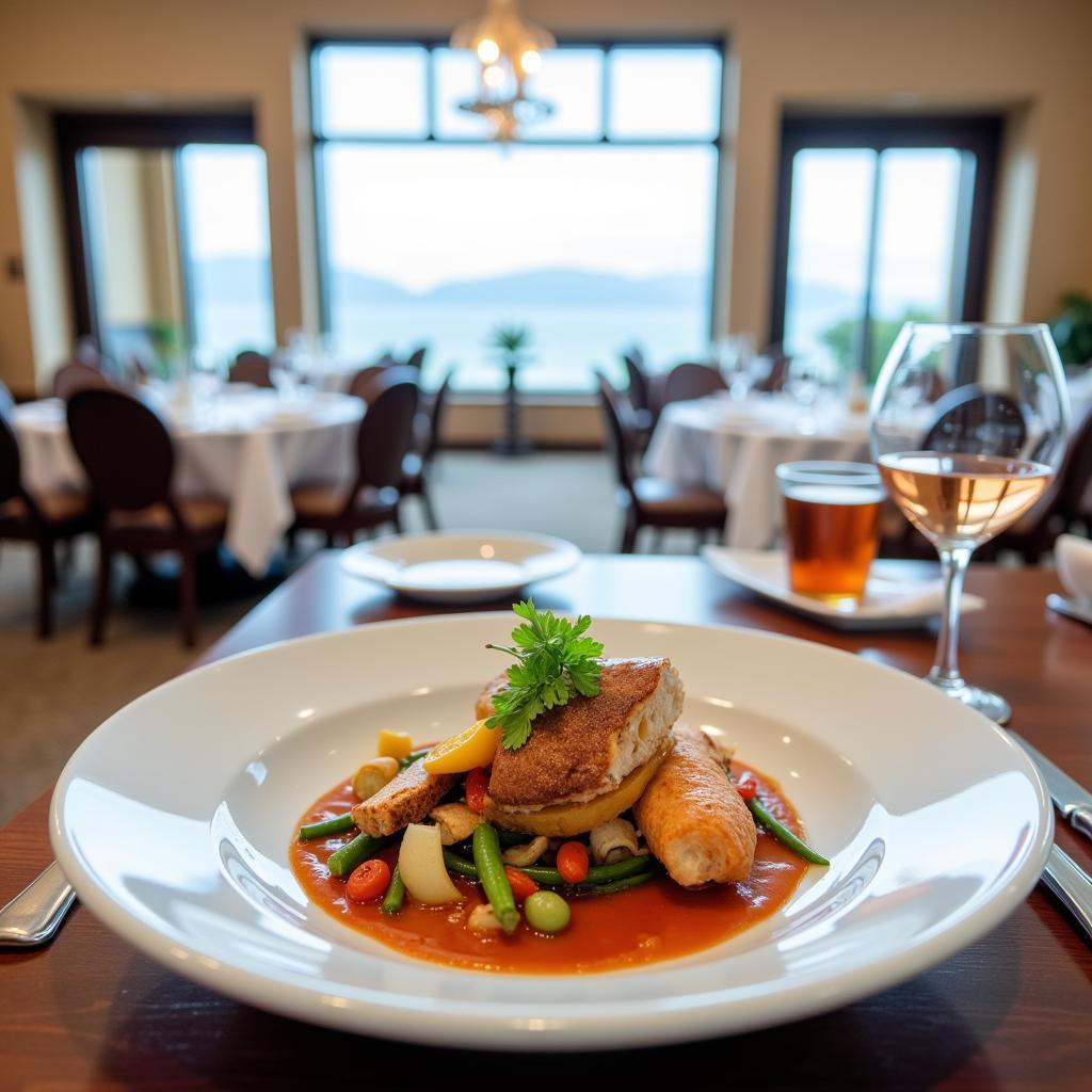 San Jose Hospital Gourmet Dining in Ibiza: A beautifully plated dish being served in an elegant dining setting overlooking the ocean.