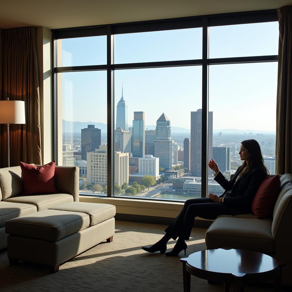 A guest enjoying the panoramic city view from their suite at San Jose Hospital.