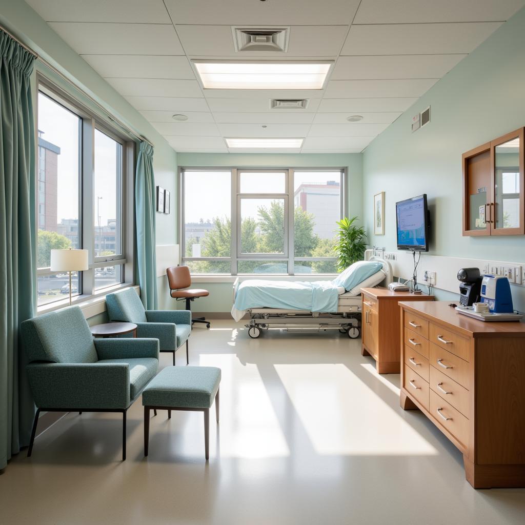 San Jose Hospital patient room with amenities