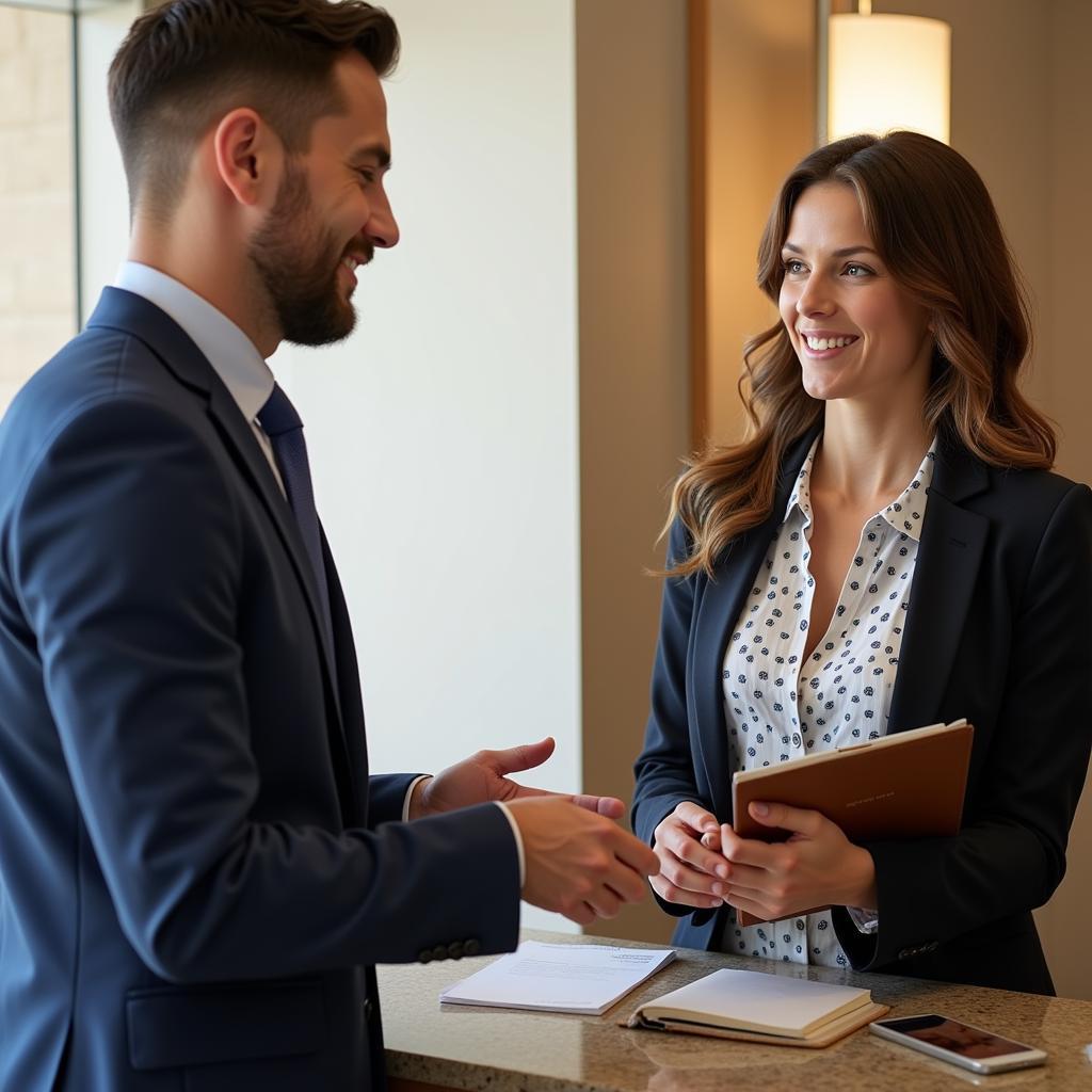 Personalized Service at San Jose Hospital: A concierge assisting a guest with travel arrangements, demonstrating the dedicated and personalized service offered.