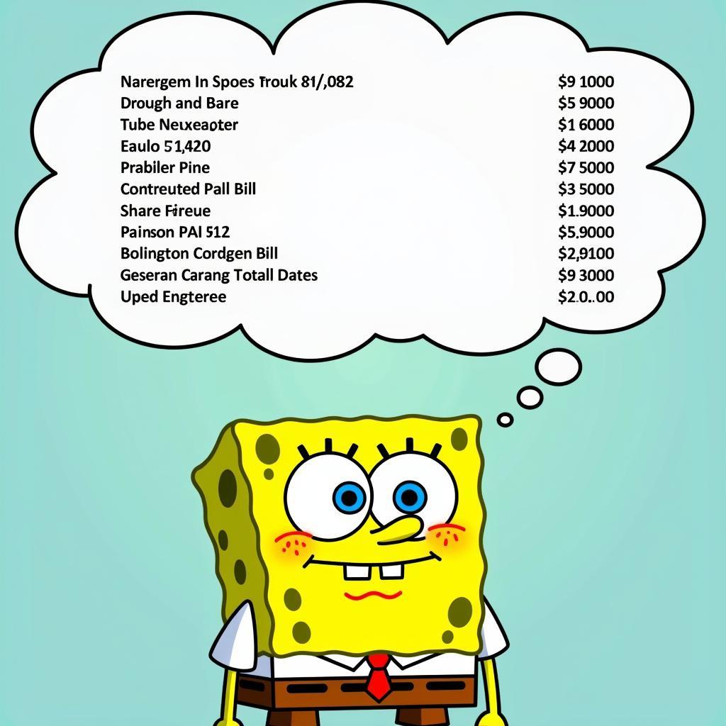 SpongeBob looking worried with a thought bubble showing a hospital bill.