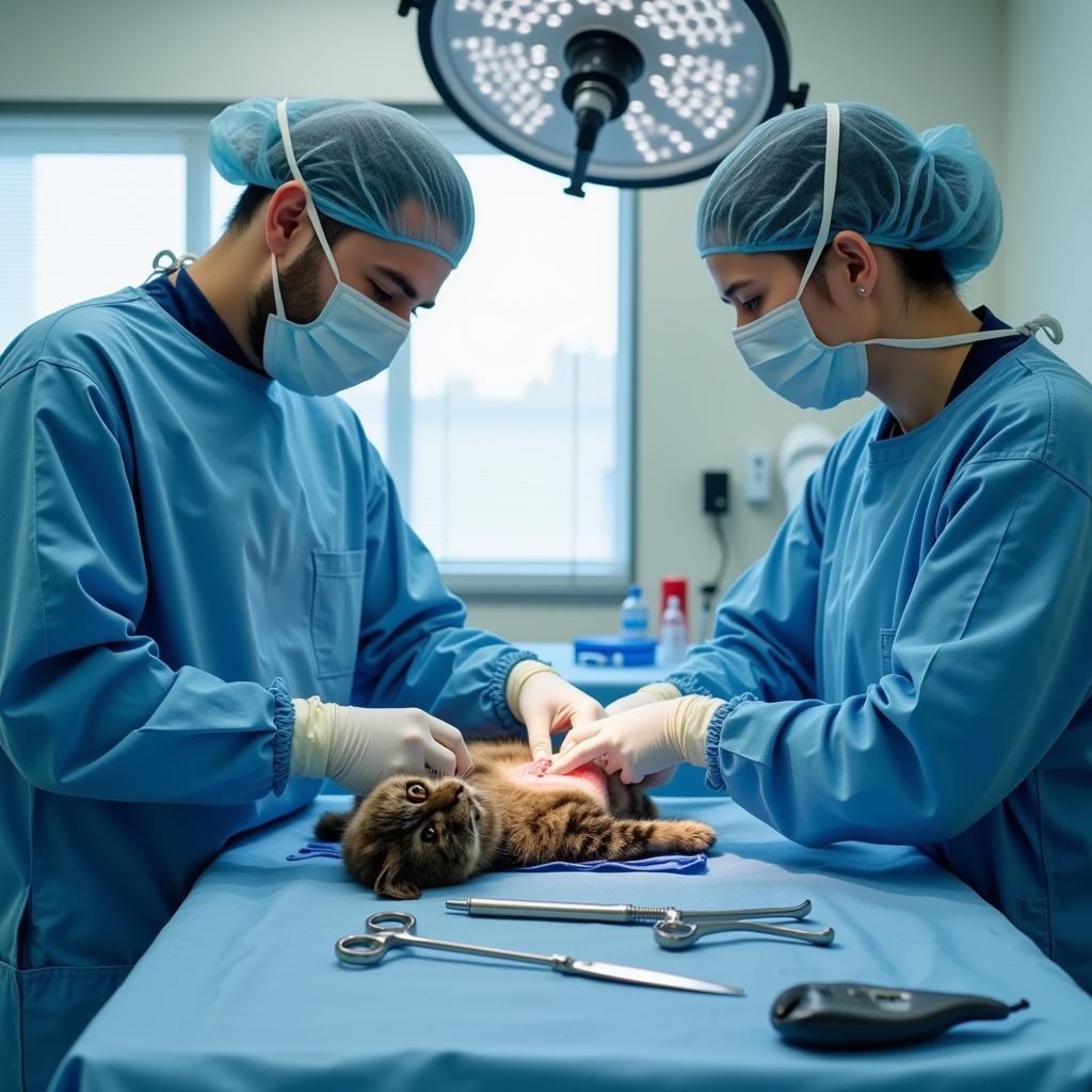 Skilled veterinarian performing a surgical procedure on a cat in a sterile operating room.