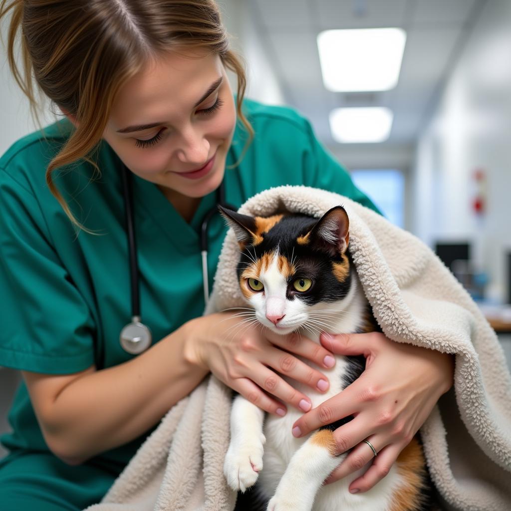 Veterinary Technician Comforting Cat