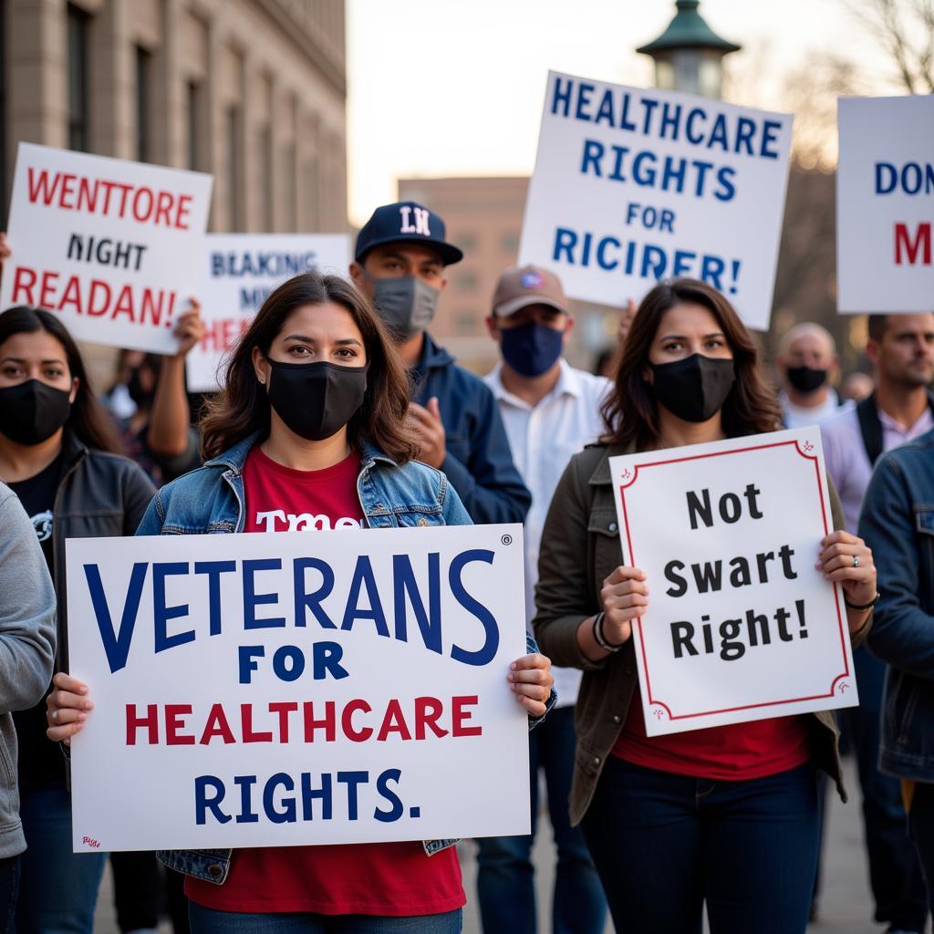 Veterans gather outside a courthouse advocating for improved healthcare and legal rights.