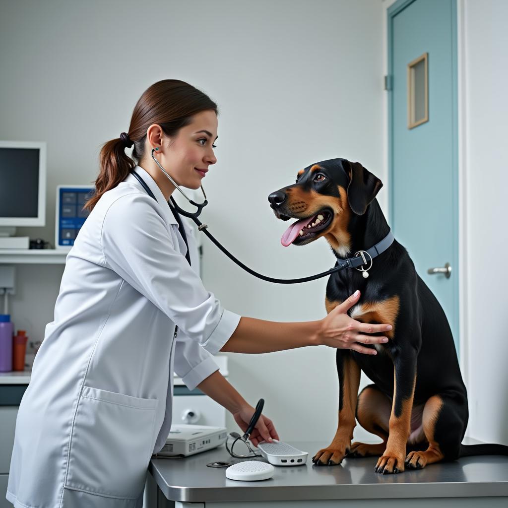 Experienced veterinarian conducting a thorough examination on a dog in a modern i-35 animal hospital.