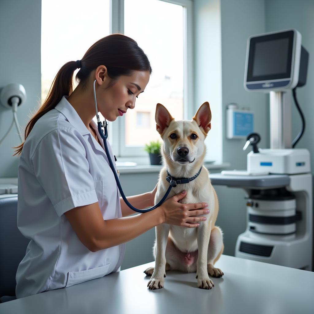 Experienced veterinarian conducting a thorough examination on a dog