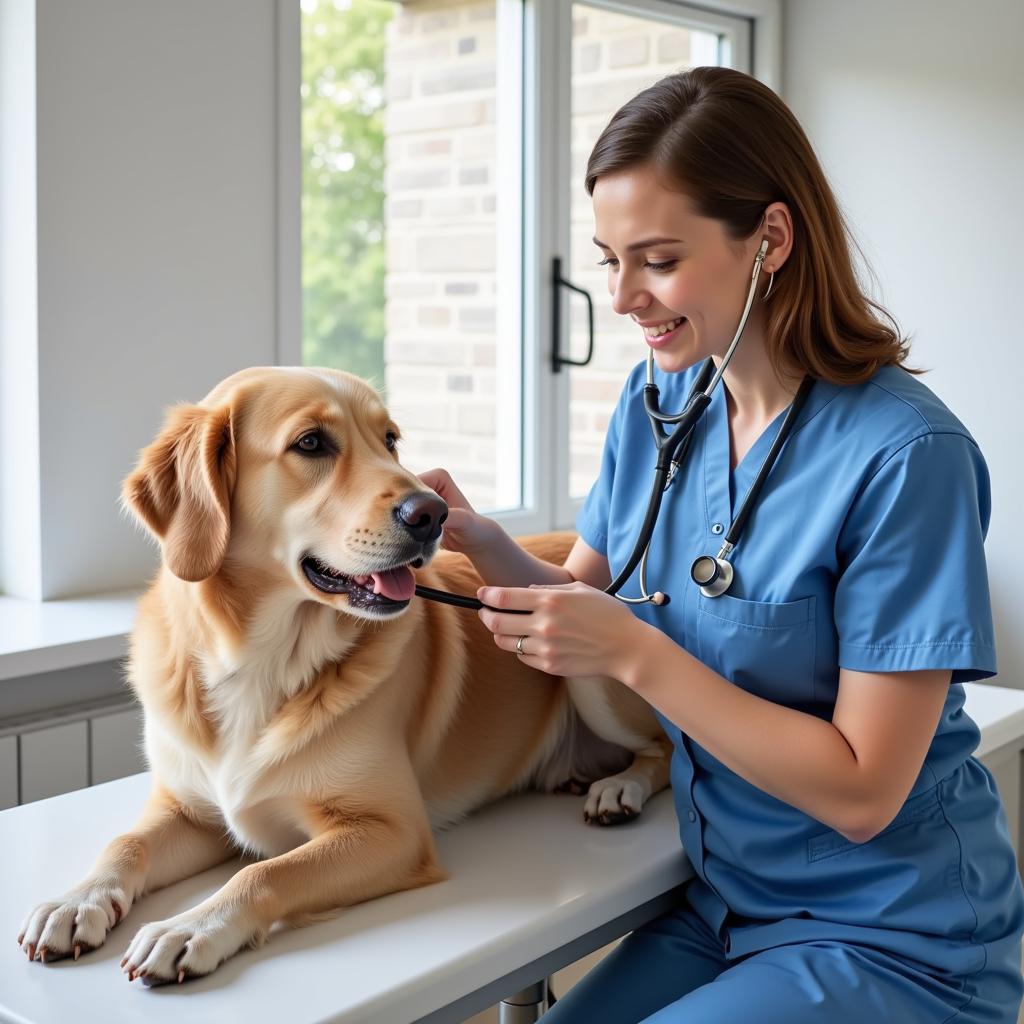 A veterinarian examining a dog at a land park animal hospital