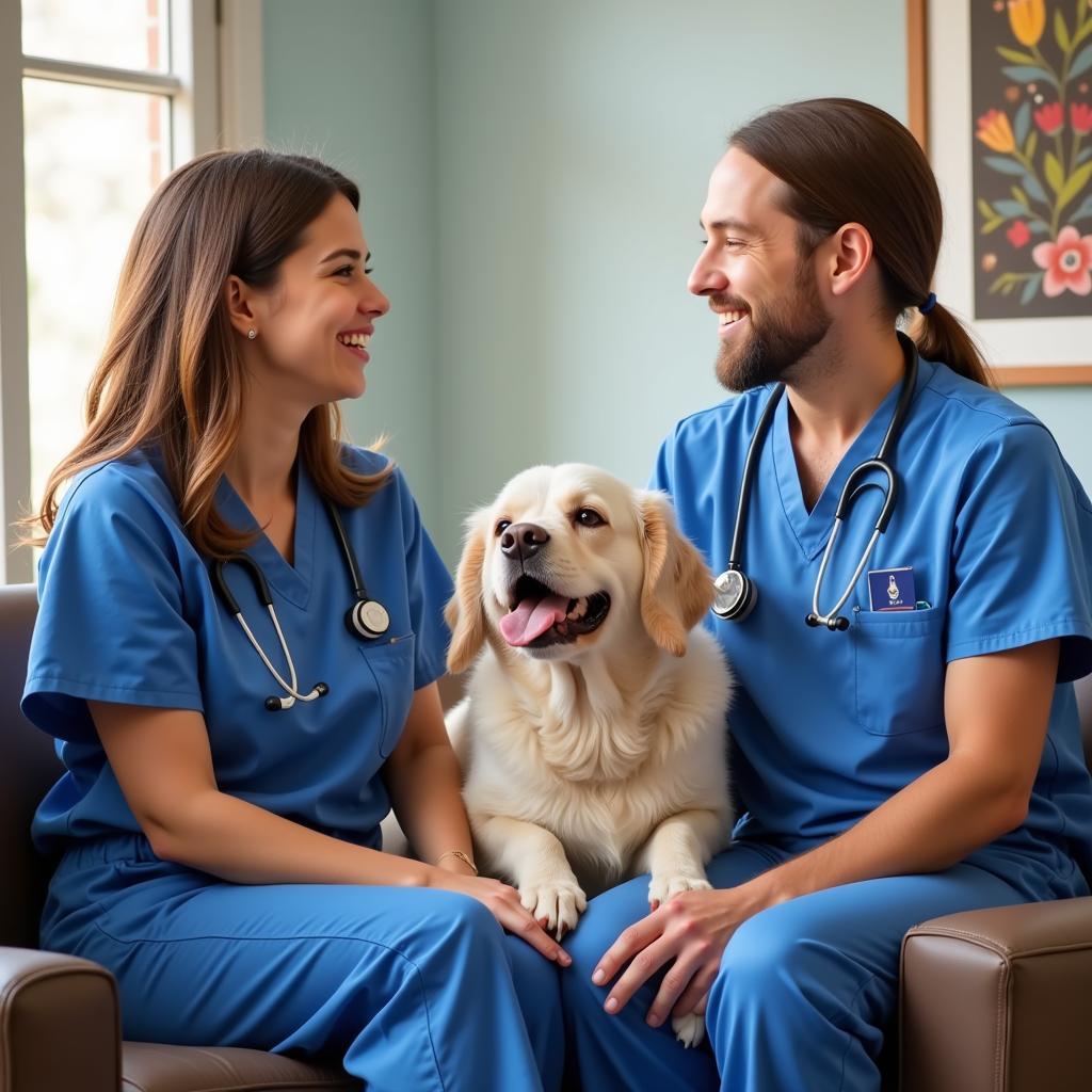 Friendly and compassionate veterinary staff interacting with a pet owner in the waiting area of a Lake Wales veterinary hospital.