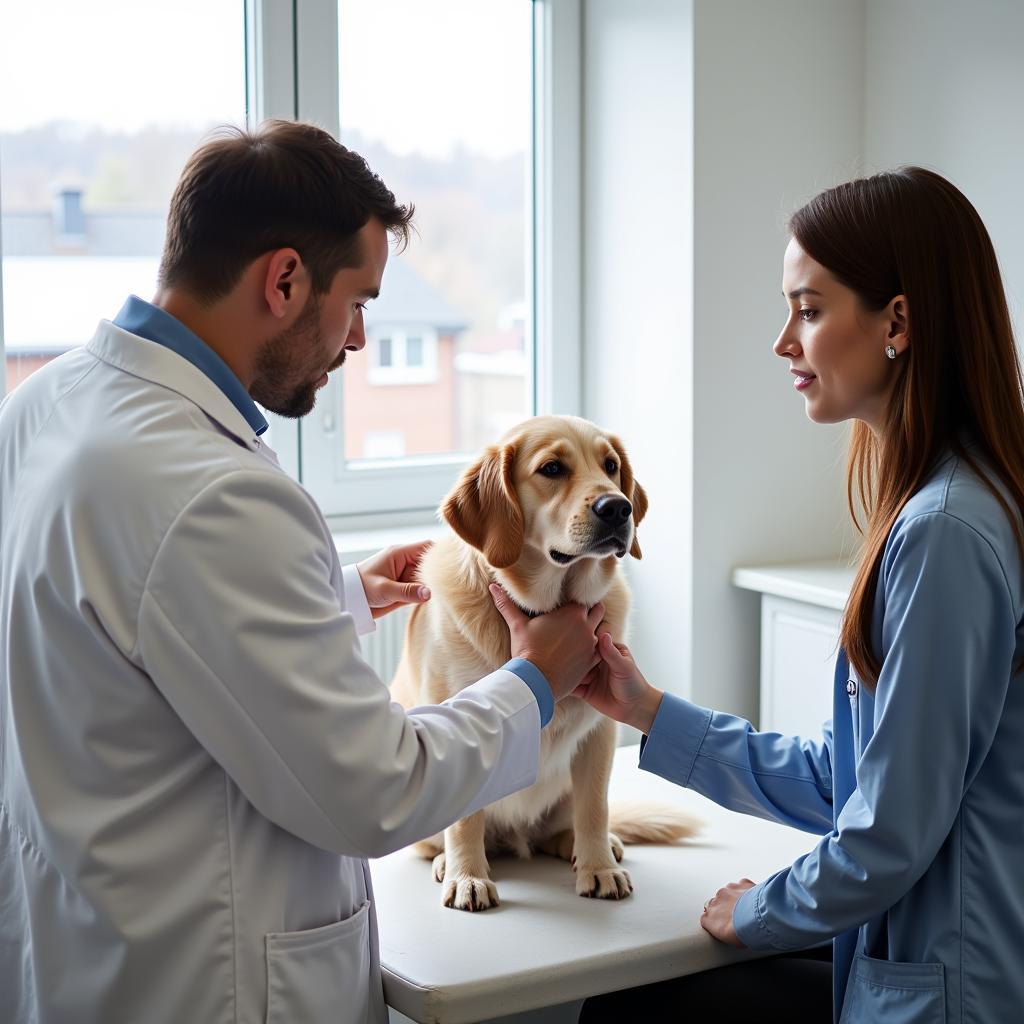 A veterinarian examining a dog in an exam room